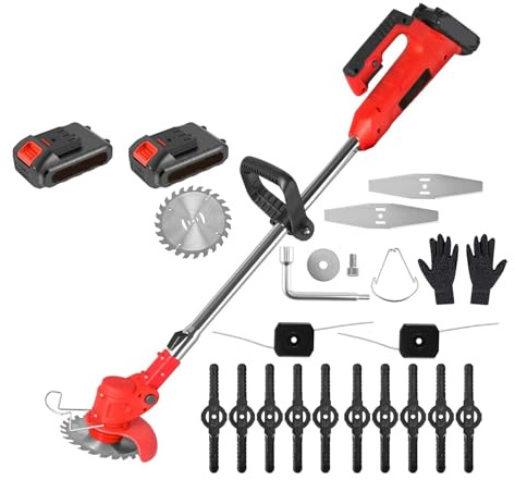 Juego De Desbrozadora Inalámbrica con Cuchillas De Metal For Césped Eléctrico Y Jardín + Cuchillas Desmontables, 21 V, Recargable, 2 Baterías Poda Eficaz(Red)
