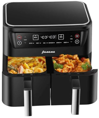 Panana Friteuse à air 8L, double zone, 6 en 1, pour rôtir, cuire au four, déshydrater, dégivrer et réchauffer, idéale pour les repas rapides, famille