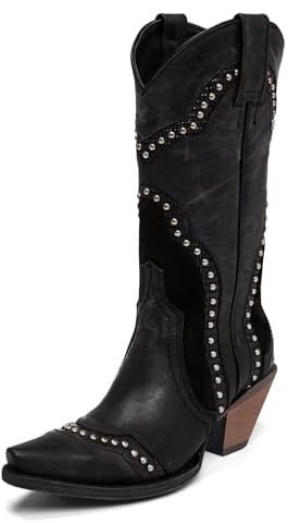 Agodor Cowboy Boots For Women Cowgirl Ladies Mid Calf Boots with Classic Studded, Pointed Toe Chunky Heel Pull On Fashion Dress Wedding Black Western Booties US7.5