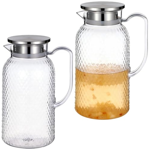 2 PCS 1.8L Clear Pitcher, Stainless Steel Strainer Lid, Clear Water Jug for Fridge Storage, Large Drink Pitchers for Iced Tea Juice Sangria, Lemonade Milk Coffee Hot Cold Beverages, Easy-Pour Handle