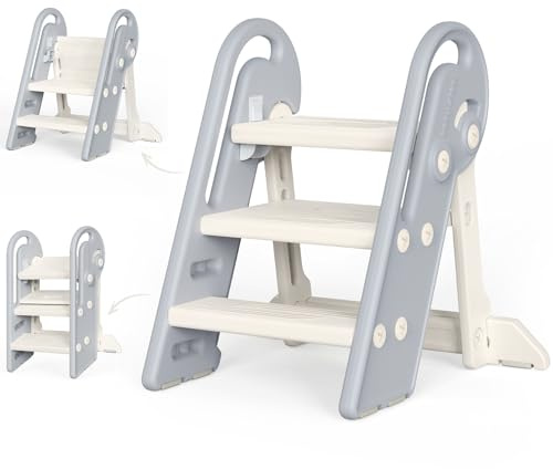 Tritthocker für Kinder Hocker Kinder Bad ab 1,5 bis 8 Jahren | 2 Stufen-3 Stufen Höhenverstellbar Kinder tritthocker | Klappbar | Sicherheit Handslauf | für Bad, Kleinkinderzimmer, Küche (Grauweiß)