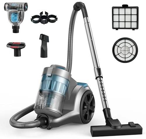 1700W Canister Vacuum Cleaner, 45Kpa Bagless Vacuum Cleaner, Multi-Cyclonic Filtration, 2 Anti-Allergen HEPA Filters, 3.5QT Dust Cup, 4 Tools, Corded Vacuum for Hard Floor, Pet Hair, Turquoise