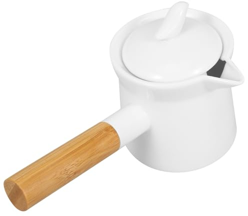 Beavorty Mini Pentola per Latte in Ceramica da 350ml Manico in Legno, Scaldaburro Piccolo e Pratico per Uso Domestico, Contenitore per Salse e Burro Beccuccio Versatore Antiscottatura