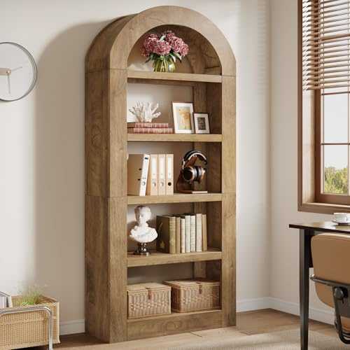 Tribesigns 180 cm Bücherregale, gewölbt Standregale mit Stauraum, 5-stöckiges offenes Bücherregal aus Holz mit Ablageflächen für Wohnzimmer, Schlafzimmer, Bibliothek oder Büro, naturfarben