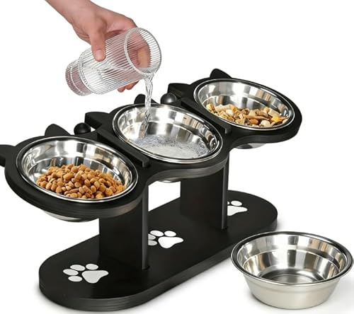Katzennapf Erhöht Futternapf Katze 3er Set Fressnapf Katze Holz Katzenfressnapf Erhöht Futterstation Katzen Wassernapf Schwarz Katzennäpfe mit 4 Edelstahl Schüsseln für Katzen Kleine Hunde