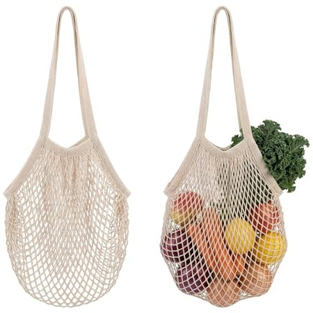 HUILATE 2Pcs Grocery String Bags, Woven Portable Net Bag Cup Cover, Long Handle Lightweight Grocery Shopping Bag for Storage Outgoing Travel Vegetables Fruit Farmers Market Shopping