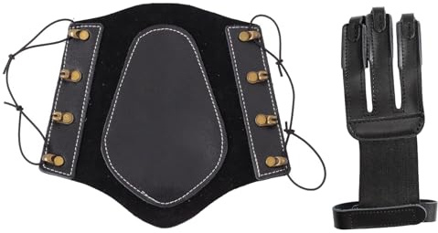 Bågskytte-armskydd med Fingerskydd, Armskydd I PU-läder och Nötläder, med Kraftigt Justerbart Snöre och Dekorativt Spänne med Mässingsmönster(Black)