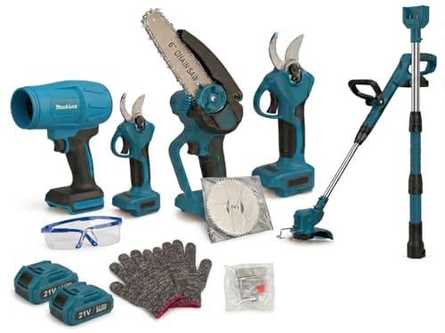 Kit Potatura a Batteria con Asta Telescopica Professionale 21V, Mini Motosega 6, Forbici Cesoie Elettriche, Soffiatore, Decespugliatore - Motore Brushless, 2 Batterie, Accessori Inclusi