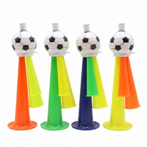 SINJAETRQ Plastic Soccer Horns for Fans, Football Fan Horn Noise Maker with Lanyards, Cheering Ball Trumpets for 2026 World Cup Stadium Sports Events and Parties, Random Assorted Colours (Medium 4PCS)