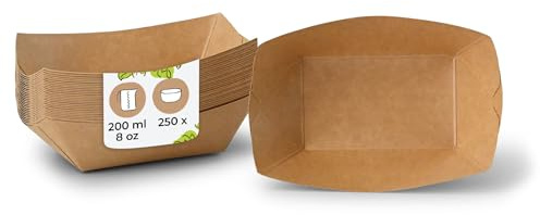 BIOZOYG Snackschale Pappe 250 Stück 200 ml, 13 x 10 x 3 cm braun - - Snackbox mit PE-Beschichtung - Pommes Schalen, Fingerfood Schale, Dessertschale, Tapas, Currywurst - Einwegteller