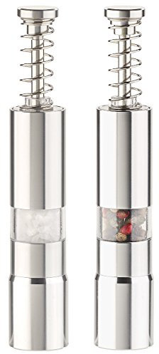 Rosenstein & Söhne Salz und Pfeffer Streuer: 2er-Set manuelle Salz- & Pfeffer-Mühlen mit Druckknopf-Bedienung, Alu (Salzmühlen, Manuelle und Pfeffermühle, drucken)