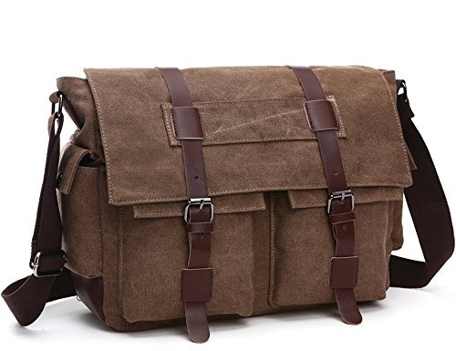 LOSMILE Herren Umhängetasche Schultertasche 16 Zoll Kuriertasche Canvas Laptop Tasche Messenger Bag für Arbeit und Schule. (L, kaffeebraun)