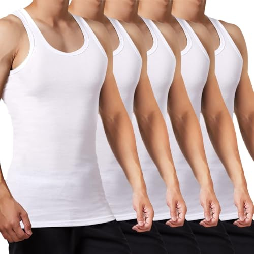 FALARY Mens Vest Tops Pack of 5 Tank Tops Fitted 100% Cotton Basic Plain Color Underwear and Colours White 3XL