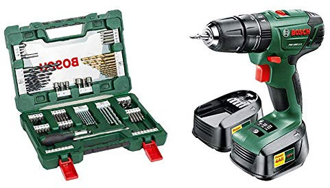 Bosch PSB 1800 LI-2 Cordless Combi Drill with Two 18 V Lithium-Ion Batteries and 91 Piece sccessory Set
