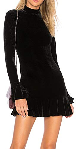 R.Vivimos Women's Winter Long Sleeve Velvet Ruffles Bodycon Mini Dress (Medium, Black)