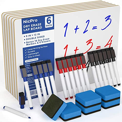 Nicpro 6 Stück trocken abwischbare Mini-Whiteboard A4, 22 x 30 cm Doppelseitiges Desktop Schreibtafel mit 18 Stifte, 6 x Schwamm, tragbares Whiteboard Klein für Kinder, Schüler, Schulmaterial