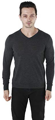 WOSICA - Maglione a Maniche Lunghe da Uomo, 100% Lana Merino Extra fine, con Scollo a V Charcaol. XL
