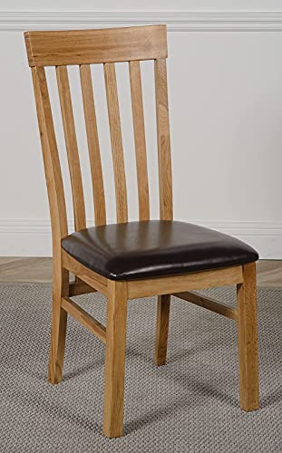 Oak Furniture King Harvard Solid Oak Dining Chair – Slat Back Wooden Kitchen Chair, High Back Dining Room Chairs with Upholstered Leather Seat, Fully Assembled, Natural Oak Finish, Brown