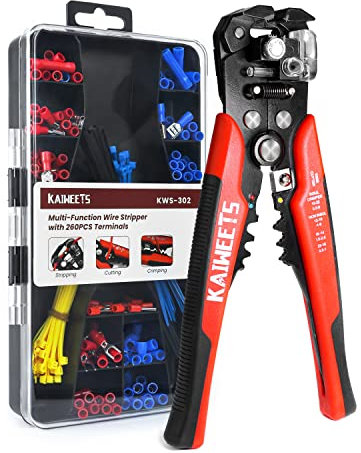 KAIWEETS Wire Stripper Crimper Set, 3-in-1 Stripper Cutter Crimper AWG10-24 Compound Automatic Wire Stripper with 261PCS Terminals, for Cutting Stripping Crimping