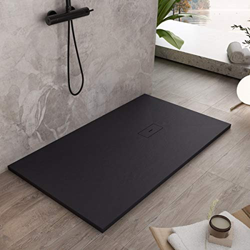 Luminosa ArredoBagno Piatto Doccia Marmoresina 70x90 - Effetto Pietra Antiscivolo con GELCOAT - Modello Dubai Colore Nero - Griglia e piletta Incluse