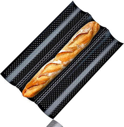 Krollmann Baguette Baking Tray with Non-Stick Coating - Perforated Baguette Baking Mould with 3 Cavities - 38 x 24 x 2.5 cm Black - Crispy Bread & Bun Baking Moulds for Home
