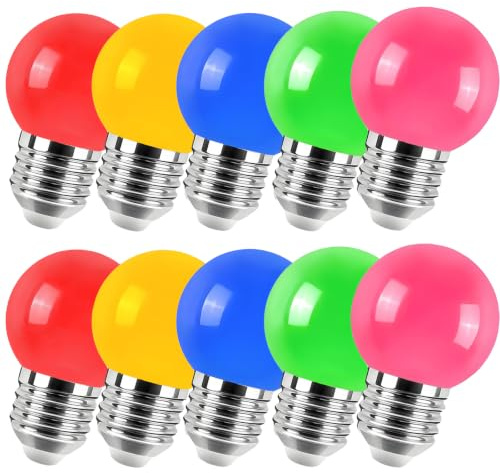 Jiotouhu E27 Farbige Glühbirne, 2W G45 Farbige Glühbirnen, Gemischte Farben LED Leuchtmittel,für Lichterkette Bunt Halloween Party Dekoration, Rot Gelb Blau Grün rosa,10er Pack