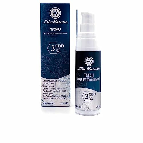 Lliv Nature Tatau Tatuaggio Cura 30 ml, 900 MG CBD, Pantenolo e Vitamina E. Tutti i Tipi di Pelle, lenisce, idrata e ripara. Contiene Il 77% di ingredienti di Origine Naturale.
