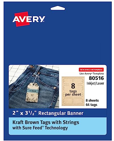 Avery Kraft Brown Banner Tags, Sure Feed Technology, 2 x 3.5, Laser/Inkjet Printable, 64 Total, Strings Included, Also Great for Gifts and Favors (80516)