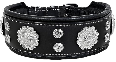 MICHUR Nero Hundehalsband Leder, Lederhalsband Hund, Halsband, schwarz mit schönem Stanzmuster und silbernen Aplikationen Breit, Leder, in verschiedenen Größen erhältlich
