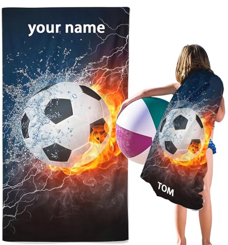 SMchwbc Personalisiert Fußball Strandtuch Mit Namen, Fußball Handtuch mit Namen Badetuch für Jungen, Mikrofaser Strandtuch Groß 90x180cm Badetuch Handtuch Fußball für Strand (80 x 150 cm,1)