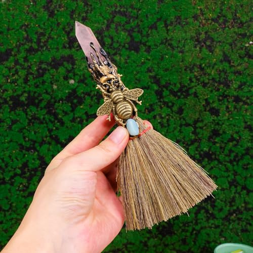 Witch Cinnamon Broom Natural Crystal Magic Sweeper Rose Quartz Tower Broom 7.08-7.87 Healing Crystal Point Witch Altar Supplies for Crystal Therapy Cleaning Bedroom Office Home Decor Gift