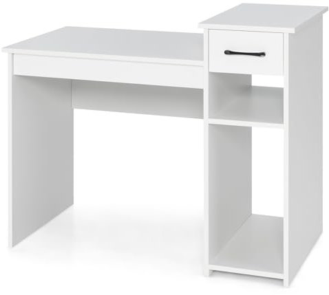 LIFEZEAL Scrivania Ufficio, Scrivania per Computer, con Cassetto, Scomparto, Supporto di CPU, Salvaspazio, Moderno, Scrittoio, Postazione di Lavoro, Tavolo Porta PC, in Legno, Max 90 kg (bianco)