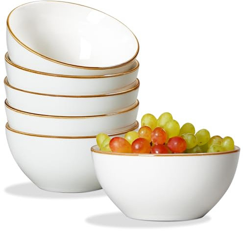 ONEMORE Lot de 6 bols en céramique de 710 ml avec bord marron, bols de service pour salade, collation, fruits, riz, passent au micro-ondes, lave-vaisselle et four, résistants aux rayures, blanc crème