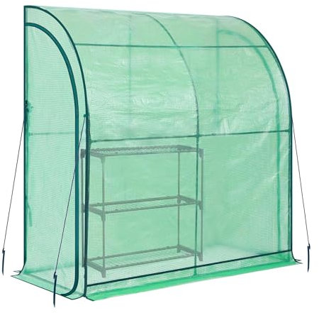 NATIV Anlehngewächshaus 200x215x100 cm, begehbares Foliengewächshaus, Treibhaus inklusive Pflanzregal, Tomatenhaus mit 2 Rolltüren, Gewächshaus aus robuster grüner Gewächshausfolie