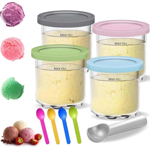 Creami Container for Ninja Creami Ice Cream Machine, Ice Cream Pints Cup with Colourful Spoon, 4 Pieces + Ice Cream Scoop, Ice Cream Container for Ice Cream, Creami Tubs, Ninja Ice Container for NC301