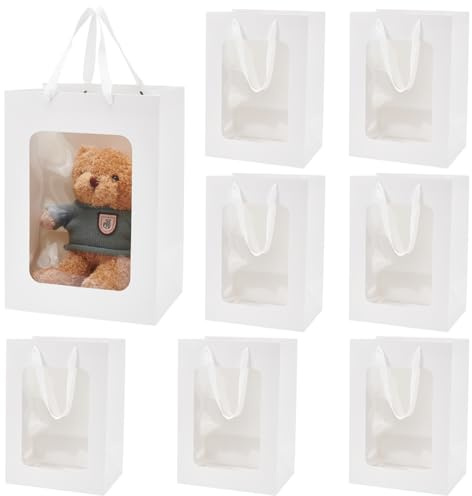 BENECREAT 8 Packung Weiße Kraftpapiertüten Mit Transparentem Fenster, 35x25x18cm Geschenktüte Mit Henkeln Zum Geburtstag, Hochzeit, Party, Jahrestag