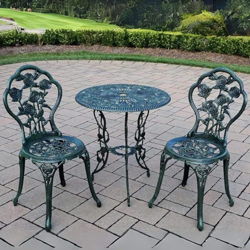 Home Source Rose Bistro Set (Green)– Cast Aluminium, Floral Design & Parasol Hole | 60cm Round Table x 66H cm | 3 Piece Garden Patio Set