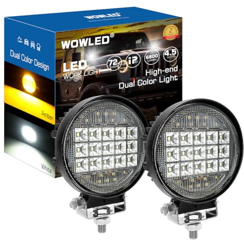 WOWLED Luz de trabajo LED de doble color de 12 V, paquete de 2 lámparas de trabajo LED de 4.5 pulgadas, 72 W, color blanco y ámbar, luces de trabajo LED todoterreno 4x4, reflector de 12 V, lámpara de