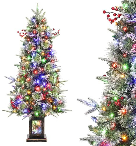 125cm Weihnachtsbaum Künstlich mit Beleuchtung, 4ft Künstlicher Weihnachten Baum mit 150 Warmweißen und Mehrfarbigen LED Lichtern 9 Modi PVC Zweigspitzen Vintage Beleuchteter Topf für Haus Büro