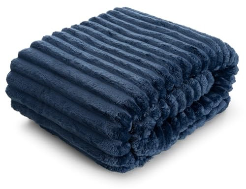Design91 Kuschelige Decke mit Streifenmuster, Weiche Kuscheldecke, Soft, Gestreifte Sofadecke, Flauschige Wohndecke, Steppdecke, MIKROFASER (Blau, 170 x 210 cm)