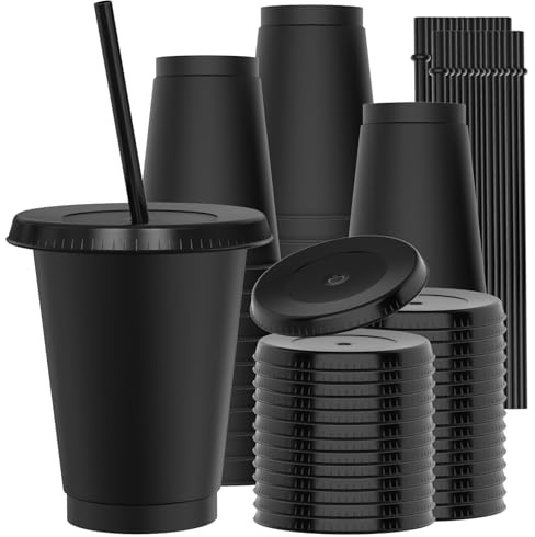 OZMOJOO 473 ml (16 Floz) Kunststoffbecher mit Deckel und Strohhalm (30 Stück) - Stabil & lebensmittelecht, wiederverwendbare Trinkbecher für Eiskaffee, Milchshakes, Smoothies - Schwarz