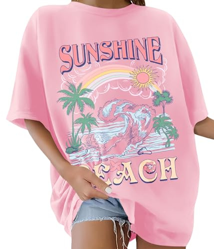 Lonya Camiseta Manga Corta Mujer Camiseta Oversize Camisetas Verano Cuello Redondo T Shirt Tallas Grandes Sunshine Letras Creativas Estampado Mujer Verano de Algodón Casual,A Rosa, M