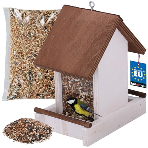 KOTARBAU® Mangiatoia per Uccellini da Esterno - 11x16,2x20,5 cm - Marrone - Mangiatoia Uccellini Da Esterno - con 0,5 kg Cibo Uccelli Selvatici - Casetta per Uccelli Da Appendere