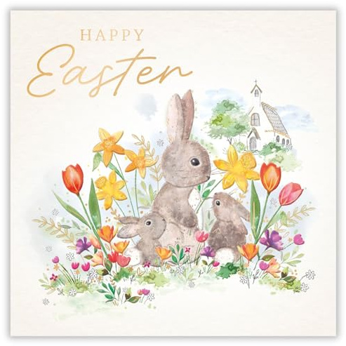 Noel Tatt Cute Easter Greeting Cards Pack of 6 - Happy Easter Cards with Bunny Rabbits Spring Daffodil and Tulip Flowers Design - General Multipack for Family, Friends and Children - 127 x 127mm