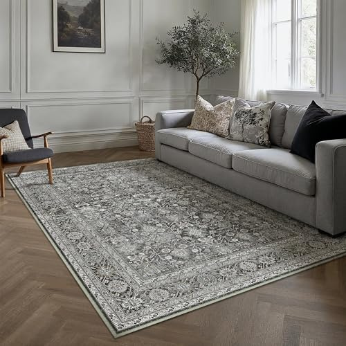 HUGEAR Vintage Teppich Wohnzimmer 160x230cm Schwarz Waschbar | Waschbarer Retro Teppich,Weich,Rutschfest Kurzflor,Groß,für Wohnzimmer,Schlafzimmer, Esszimmer,Büro,Carpet,Teppiche