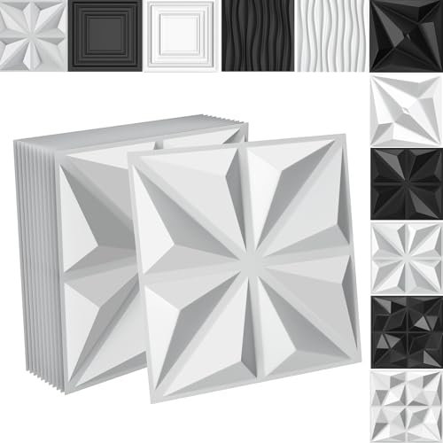 Aufun 3D Wandpaneele PVC 12 Stück, 50 x 50 cm Platte Wandverkleidung Fassadenverkleidung Dekoren Deckenpaneele Deckenplatten, Wanddeko Platten für Wohnzimmer, Schlafzimmer (3m²,Prisma Weiß)
