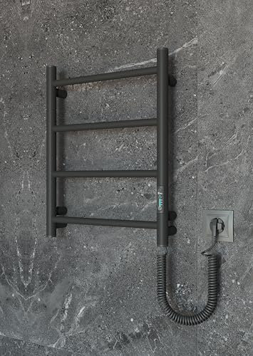 Elektrischer Handtuchwärmer Schwarz 510x400 mm – 45W Badheizkörper mit Thermostat & Timer – Wandmontage – Energiesparender Handtuchheizkörper aus Stahl – IP44 – Für Hotel & Designerbad