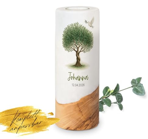 MOMENTU® Taufkerze personalisiert Holzelement Lebensbaum Ø8 x 20 cm - [Teelichteinsatz] Taufgeschenk für Jungen Mädchen, Taube mit Zweig, Olivenbaum, Bonsai, Blätter, selber machen gestalten