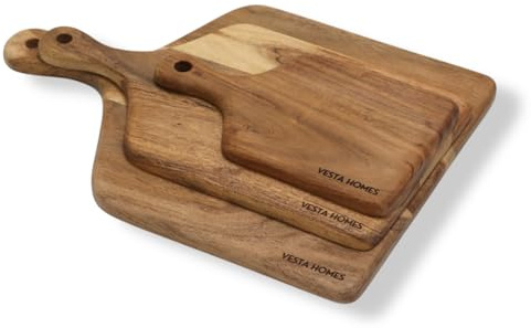 Vesta Homes Lot de 3 grandes planches à découper en bois d'acacia pour la cuisine - Planche de service pour fruits, légumes et fromage - 42 x 30,5 cm, 38 x 20 cm, 25,5 x 15 cm - Fabriquées à la main