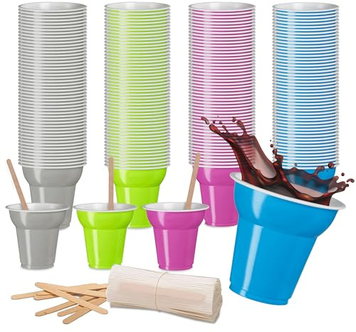COFFISANO Set mit 200 Kaffeegläsern + 200 Rührstäbchen, 70 ml Kunststoffbecher und Rührstäbchen aus Birkenholz für Espresso, Getränke, Gerste, Büro, Sport